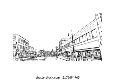 Building view with landmark of Nashua is a city in southern New Hampshire. Hand drawn sketch illustration in vector.