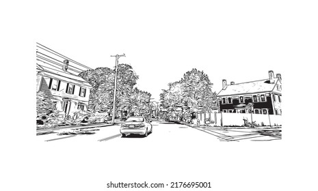 Building view with landmark of Nashua is a city in southern New Hampshire. Hand drawn sketch illustration in vector.