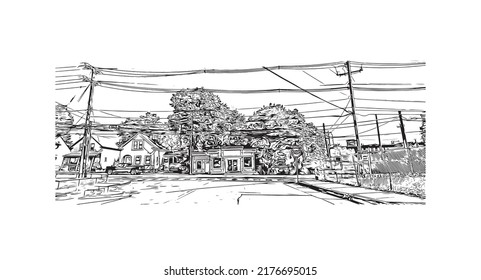 Building view with landmark of Nashua is a city in southern New Hampshire. Hand drawn sketch illustration in vector.