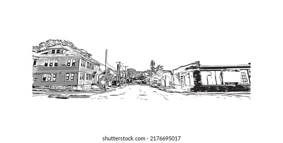 Building view with landmark of Nashua is a city in southern New Hampshire. Hand drawn sketch illustration in vector.