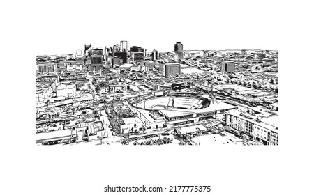 Building view with landmark of Nashville is the city in Tennessee. Hand drawn sketch illustration in vector.