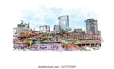 Building view with landmark of Nashville is the city in Tennessee. Watercolor splash with hand drawn sketch illustration in vector.