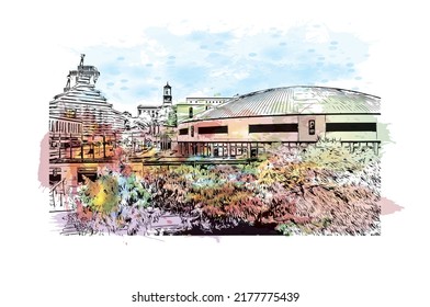 Building view with landmark of Nashville is the city in Tennessee. Watercolor splash with hand drawn sketch illustration in vector.