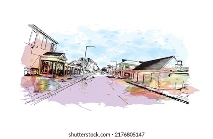 Building view with landmark of Nassau is the 
capital in Bahamas. Watercolor splash with hand drawn sketch illustration in vector.