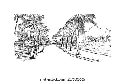 Building view with landmark of Nassau is the 
capital in Bahamas. Hand drawn sketch illustration in vector.