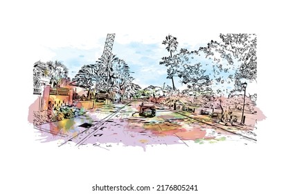 Building view with landmark of Nassau is the 
capital in Bahamas. Watercolor splash with hand drawn sketch illustration in vector.