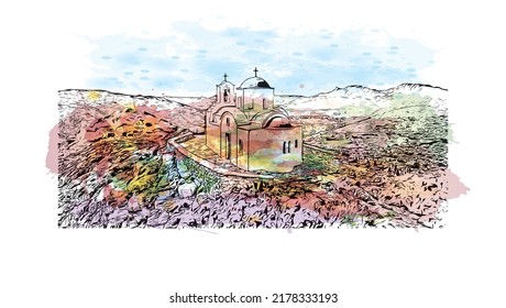 Building view with landmark of Naxos is the 
city in Greece. Watercolor splash with hand drawn sketch illustration in vector.