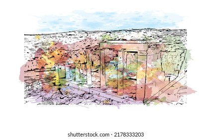 Building view with landmark of Naxos is the 
city in Greece. Watercolor splash with hand drawn sketch illustration in vector.