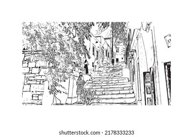 Building view with landmark of Naxos is the 
city in Greece. Hand drawn sketch illustration in vector.