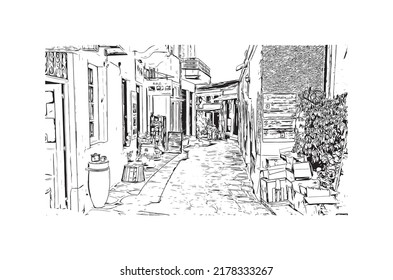 Building view with landmark of Naxos is the 
city in Greece. Hand drawn sketch illustration in vector.