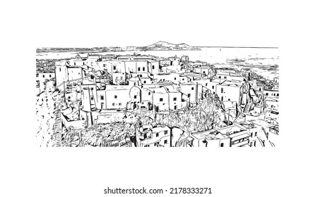 La vista de edificio con un punto de referencia de Naxos es el 
ciudad de Grecia. Dibujo a mano de ilustración de esbozo en vector.