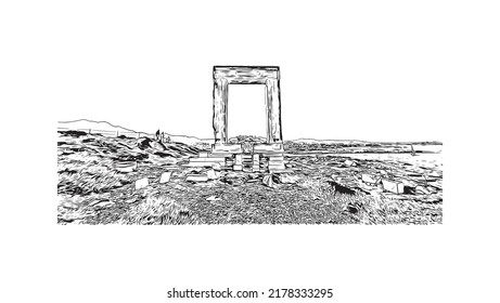 La vista de edificio con un punto de referencia de Naxos es el 
ciudad de Grecia. Dibujo a mano de ilustración de esbozo en vector.