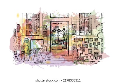 Building view with landmark of Naxos is the 
city in Greece. Watercolor splash with hand drawn sketch illustration in vector.