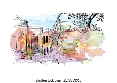 Building view with landmark of Naxos is the 
city in Greece. Watercolor splash with hand drawn sketch illustration in vector.