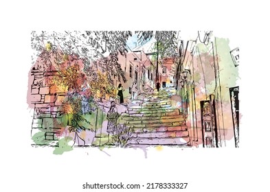 Building view with landmark of Naxos is the 
city in Greece. Watercolor splash with hand drawn sketch illustration in vector.