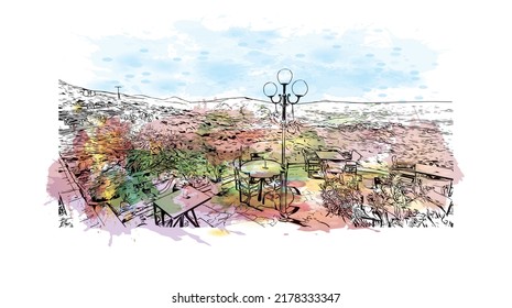 Building view with landmark of Naxos is the 
city in Greece. Watercolor splash with hand drawn sketch illustration in vector.