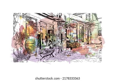 Building view with landmark of Naxos is the 
city in Greece. Watercolor splash with hand drawn sketch illustration in vector.