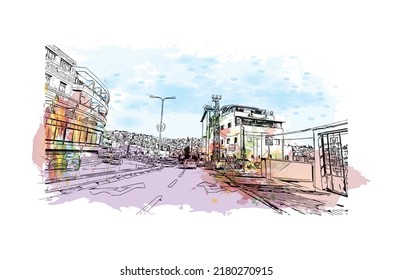 Building view with landmark of Nazareth is the city in Israel. Watercolor splash with hand drawn sketch illustration in vector.