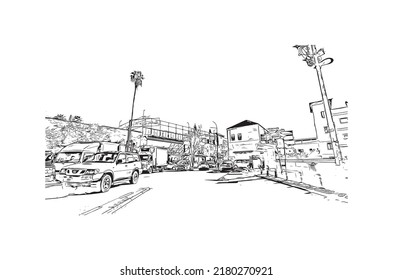 Building view with landmark of Nazareth is the city in Israel. Hand drawn sketch illustration in vector.