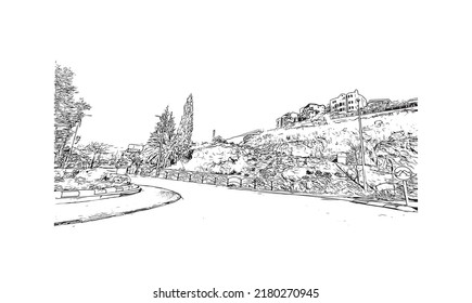 Building view with landmark of Nazareth is the city in Israel. Hand drawn sketch illustration in vector.
