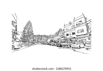 Building view with landmark of Nazareth is the city in Israel. Hand drawn sketch illustration in vector.