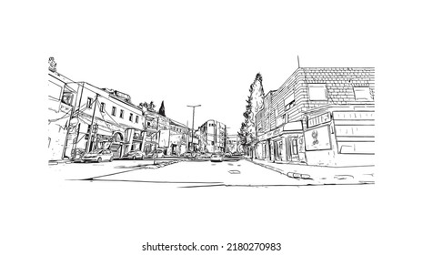 Building view with landmark of Nazareth is the city in Israel. Hand drawn sketch illustration in vector.