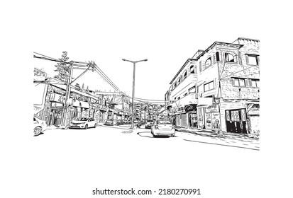 Building view with landmark of Nazareth is the city in Israel. Hand drawn sketch illustration in vector.