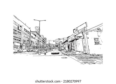 Building view with landmark of Nazareth is the city in Israel. Hand drawn sketch illustration in vector.