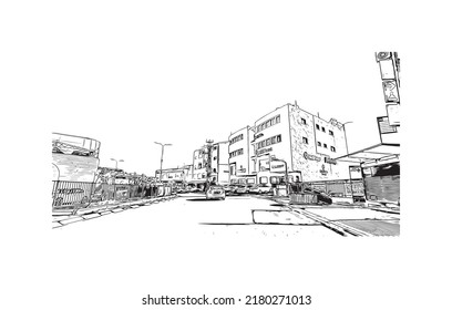 Building view with landmark of Nazareth is the city in Israel. Hand drawn sketch illustration in vector.