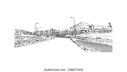 Building view with landmark of Nazareth is the city in Israel. Hand drawn sketch illustration in vector.