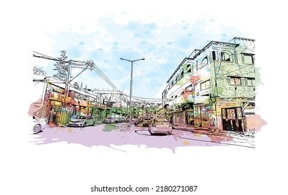 Building view with landmark of Nazareth is the city in Israel. Watercolor splash with hand drawn sketch illustration in vector.