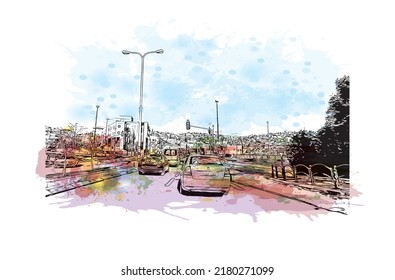 Building view with landmark of Nazareth is the city in Israel. Watercolor splash with hand drawn sketch illustration in vector.