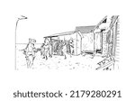 Building view with landmark of Negril is the 
town in Jamaica. Hand drawn sketch illustration in vector.