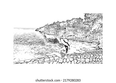 Building view with landmark of Negril is the 
town in Jamaica. Hand drawn sketch illustration in vector.