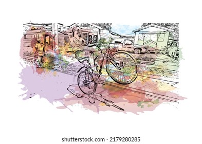 La vista de edificio con un punto de referencia de Negril es la 
ciudad de Jamaica. Salto de color de agua con ilustración de esbozo dibujada a mano en vector.