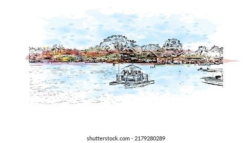 Building view with landmark of Negril is the 
town in Jamaica. Watercolor splash with hand drawn sketch illustration in vector.