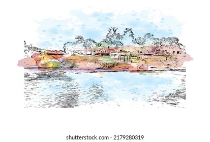 Building view with landmark of Negril is the 
town in Jamaica. Watercolor splash with hand drawn sketch illustration in vector.