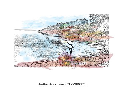 Building view with landmark of Negril is the 
town in Jamaica. Watercolor splash with hand drawn sketch illustration in vector.