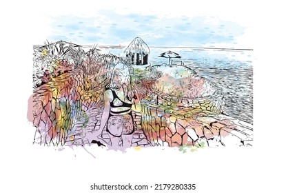 Building view with landmark of Negril is the 
town in Jamaica. Watercolor splash with hand drawn sketch illustration in vector.