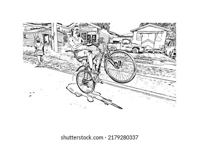 Building view with landmark of Negril is the 
town in Jamaica. Hand drawn sketch illustration in vector.