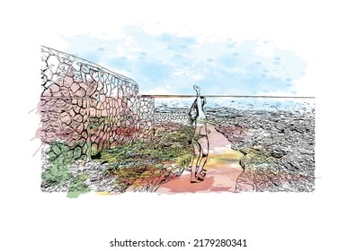 Building view with landmark of Negril is the 
town in Jamaica. Watercolor splash with hand drawn sketch illustration in vector.