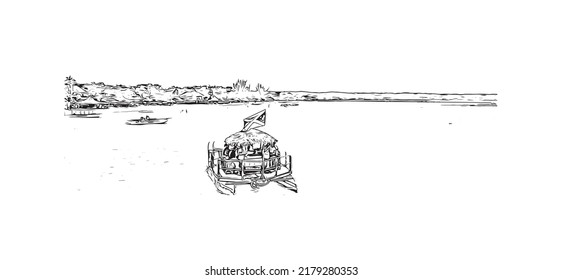 Building view with landmark of Negril is the 
town in Jamaica. Hand drawn sketch illustration in vector.