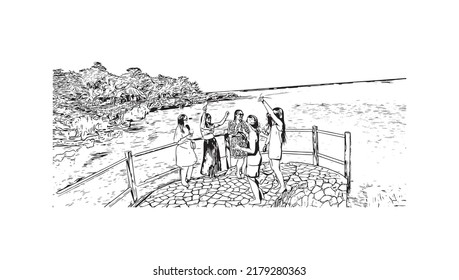 Building view with landmark of Negril is the 
town in Jamaica. Hand drawn sketch illustration in vector.
