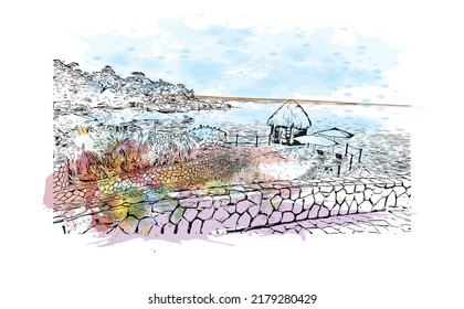 Building view with landmark of Negril is the 
town in Jamaica. Watercolor splash with hand drawn sketch illustration in vector.