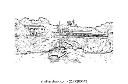 Building view with landmark of Negril is the 
town in Jamaica. Hand drawn sketch illustration in vector.