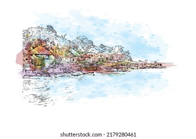 Building view with landmark of Negril is the 
town in Jamaica. Watercolor splash with hand drawn sketch illustration in vector.