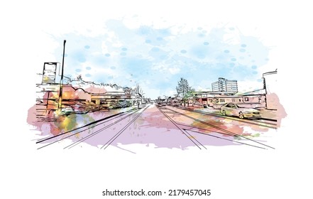 Building view with landmark of Nelson is the 
city in New Zealand. Watercolor splash with hand drawn sketch illustration in vector.