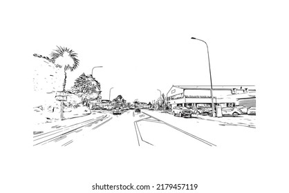 Building view with landmark of Nelson is the 
city in New Zealand. Hand drawn sketch illustration in vector.