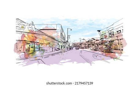 Building view with landmark of Nelson is the 
city in New Zealand. Watercolor splash with hand drawn sketch illustration in vector.
