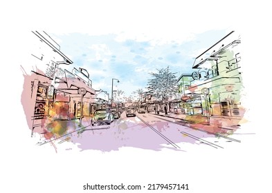 Building view with landmark of Nelson is the 
city in New Zealand. Watercolor splash with hand drawn sketch illustration in vector.